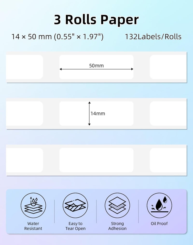 BPXX 3 لفات شريط طابعة الملصقات، 14 × 50 مم (0.55" × 1.97") ورق طابعة الملصقات، 132 ملصق/لفة، شريط ملصقات حراري متعدد الاستخدامات، مقاوم للماء، مقاوم للزيت للهدايا، المنزل، المدرسة، المكتب، أبيض - Image 2